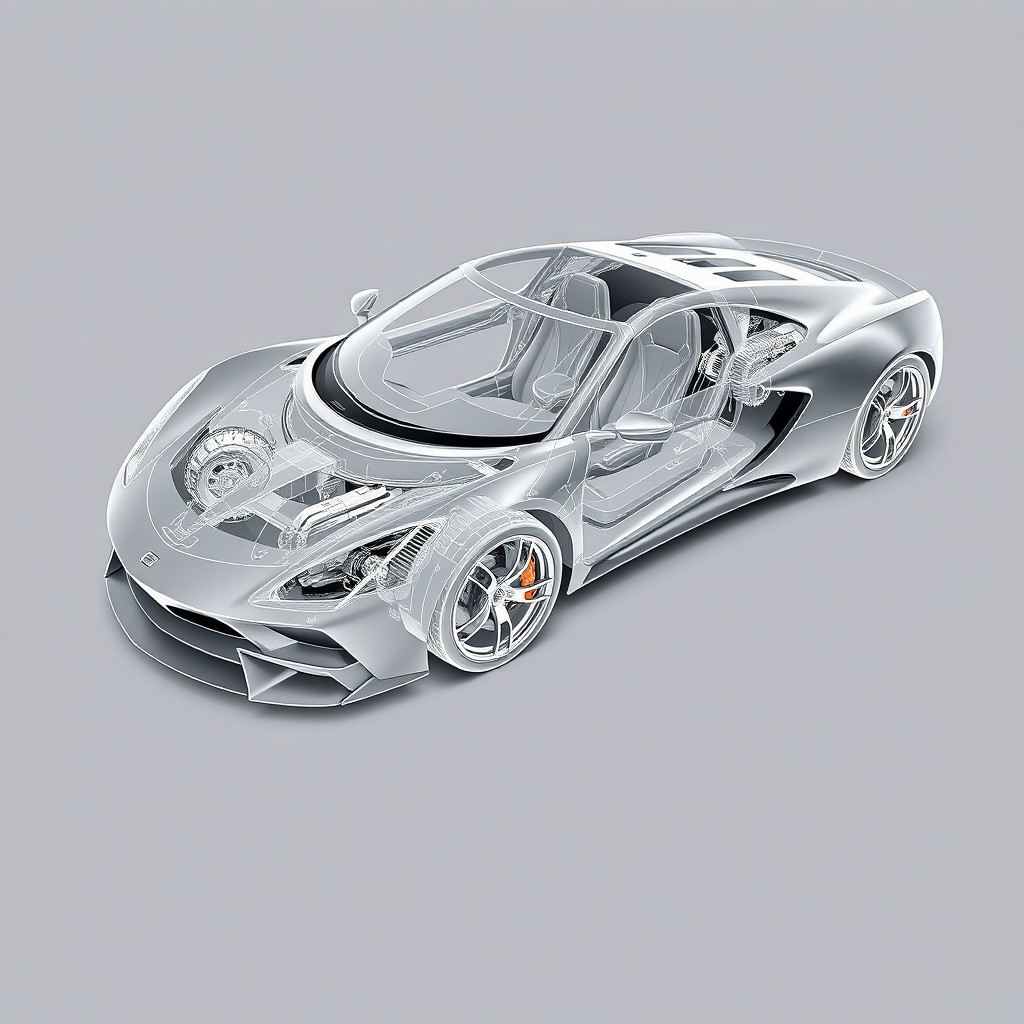 A highly detailed 3D rendering of a sports car, showcasing only the outlined parts without colors