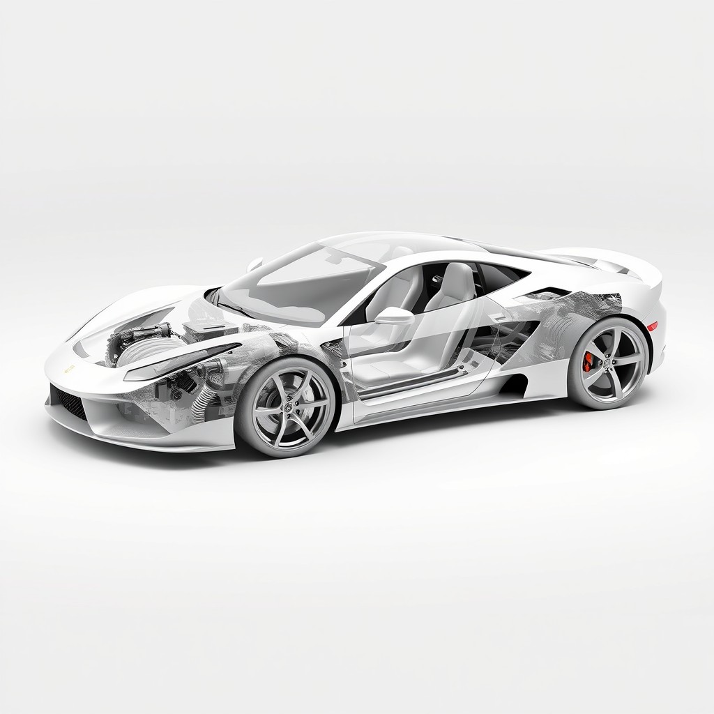 A 3D rendering of a sports car showcasing its intricate parts and components