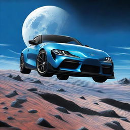 A Toyota Supra, painted in striking blue, landing on the moon, with the background displaying an ethereal blue sky