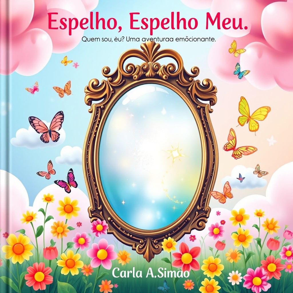 A delightful and vibrant book cover for a children's adventure titled 'Espelho, Espelho Meu