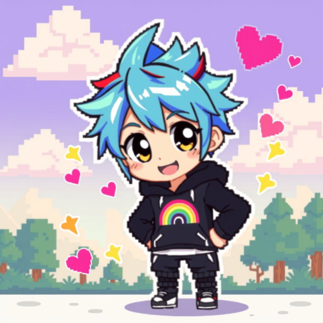 A vibrant and cute pixel art depiction of an anime boy character, featuring colorful hair that is spiky and bright blue
