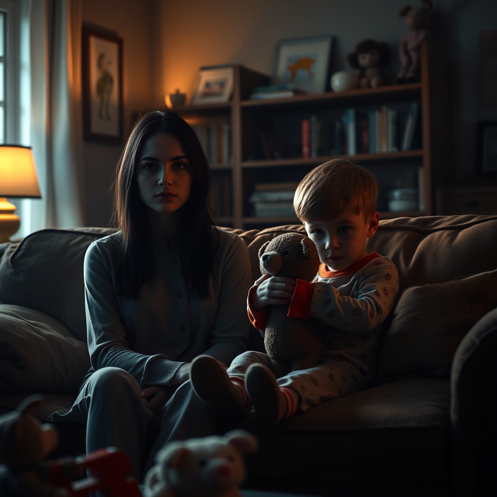 A mysterious and atmospheric scene depicting a pale, quiet, and polite babysitter in a cozy living room setting