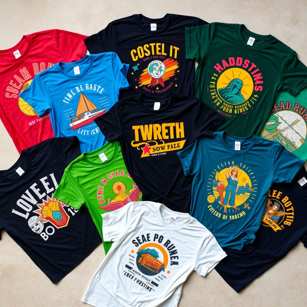 A stylish collection of various graphic t-shirts featuring vibrant colors and unique designs, including cool phrases, abstract patterns, and iconic imagery