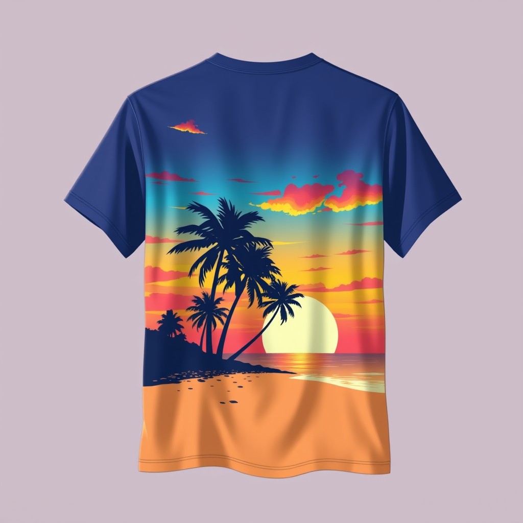 A stylish and comfortable T-shirt design featuring a vibrant graphic of a tropical beach landscape at sunset, with palm trees silhouetted against a colorful sky