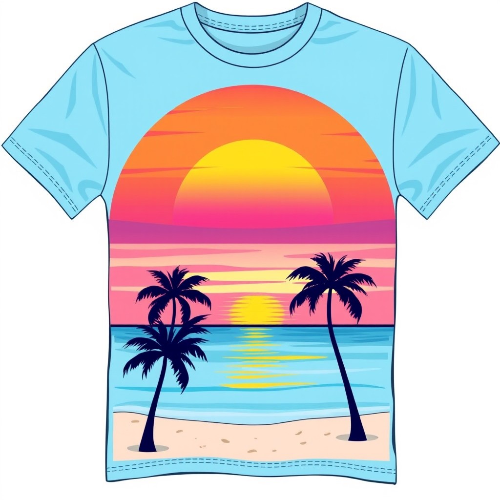 A casual, stylish t-shirt design featuring a vibrant sunset over a serene beach