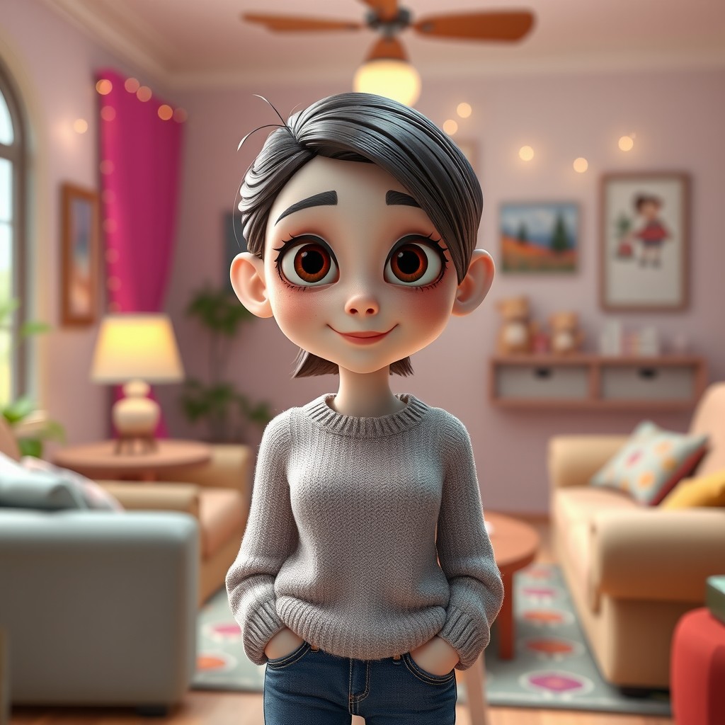 A 3D Pixar-style illustration of a babysitter who appears normal yet has an intriguing aura