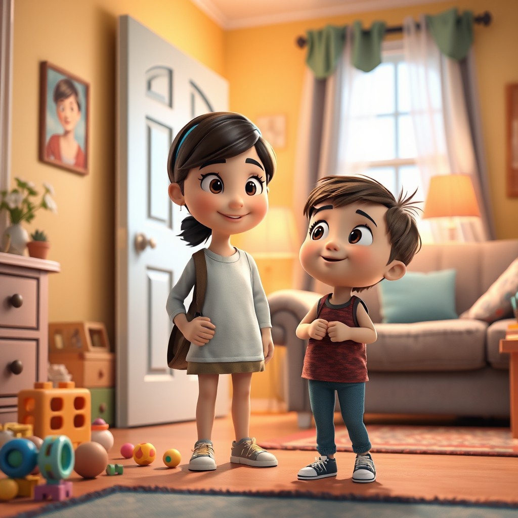 A vibrant 3D Pixar-style illustration featuring a babysitter who has just entered a cozy home