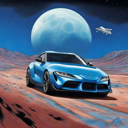 A Toyota Supra, painted in striking blue, landing on the moon, with the background displaying an ethereal blue sky