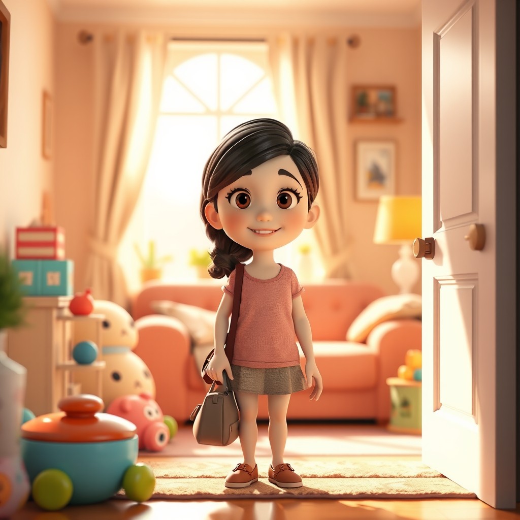 A 3D Pixar-style illustration featuring a solo female babysitter who has just entered a cozy home
