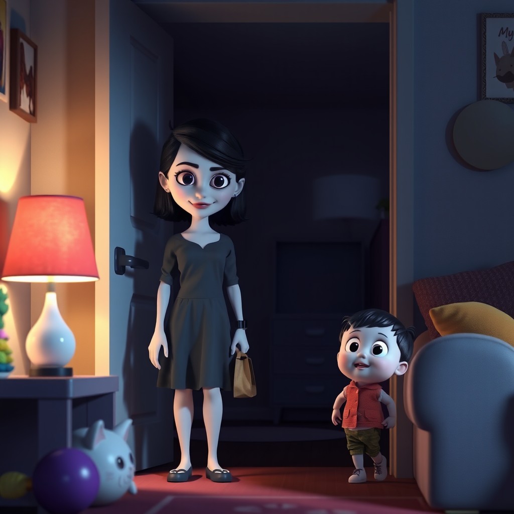 A 3D Pixar-style illustration featuring a female babysitter who has just entered a dimly lit living room
