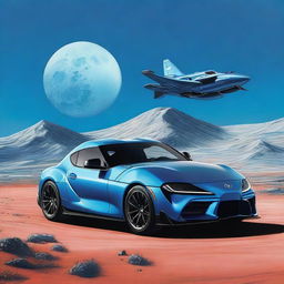 A Toyota Supra, painted in striking blue, landing on the moon, with the background displaying an ethereal blue sky