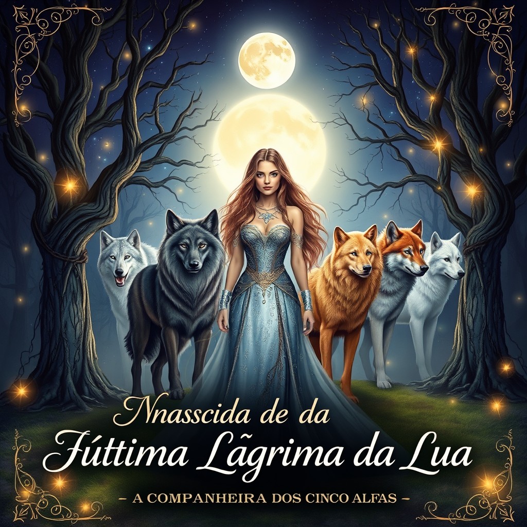 An enchanting book cover illustration for "Nascida da Última Lágrima da Lua - a Companheira dos Cinco Alfas"