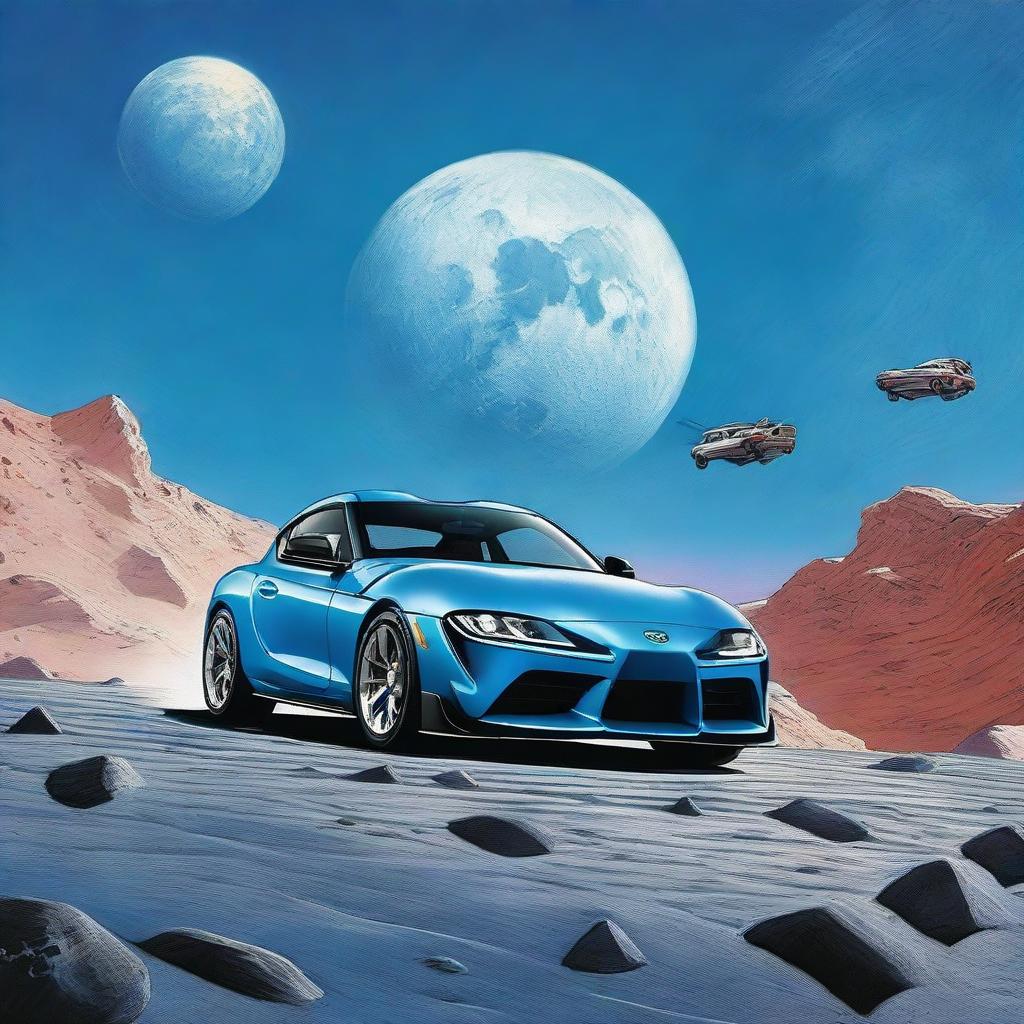 A Toyota Supra, painted in striking blue, landing on the moon, with the background displaying an ethereal blue sky