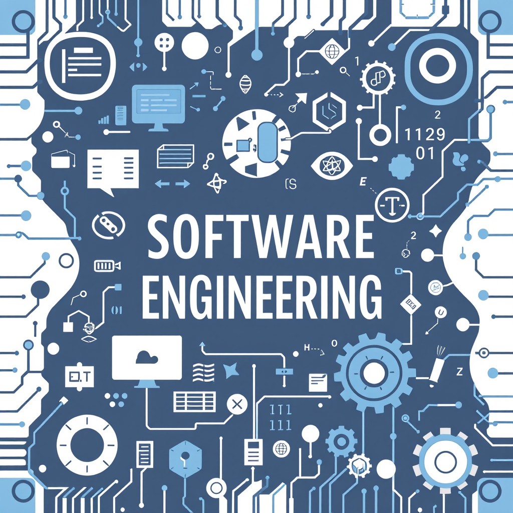 A beautifully illustrated cover design for a software engineering book, inspired by Wikipedia articles