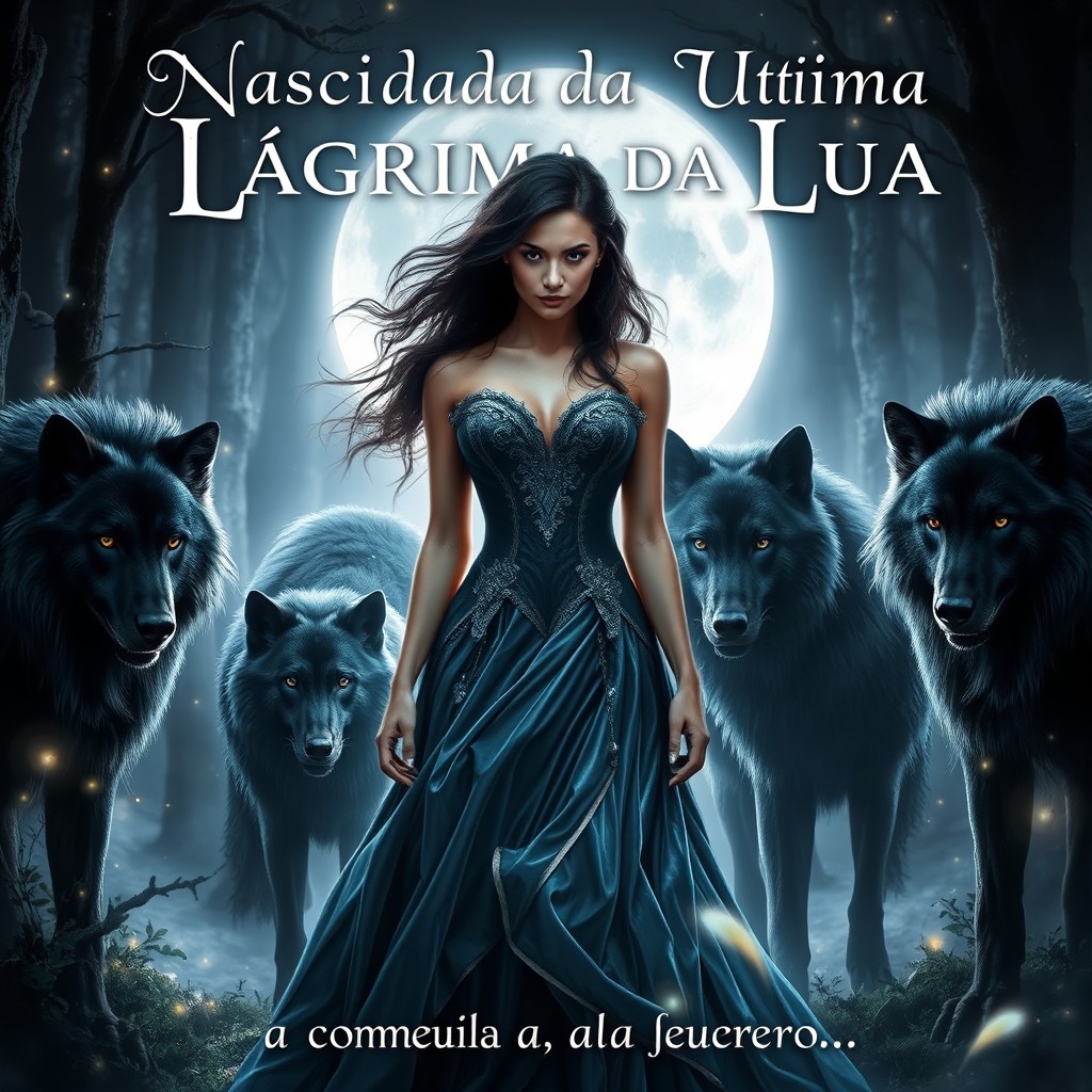 A captivating fantasy cover design for a book titled 'Nascida da última Lágrima da Lua - a companheira dos cinco alfas negros'