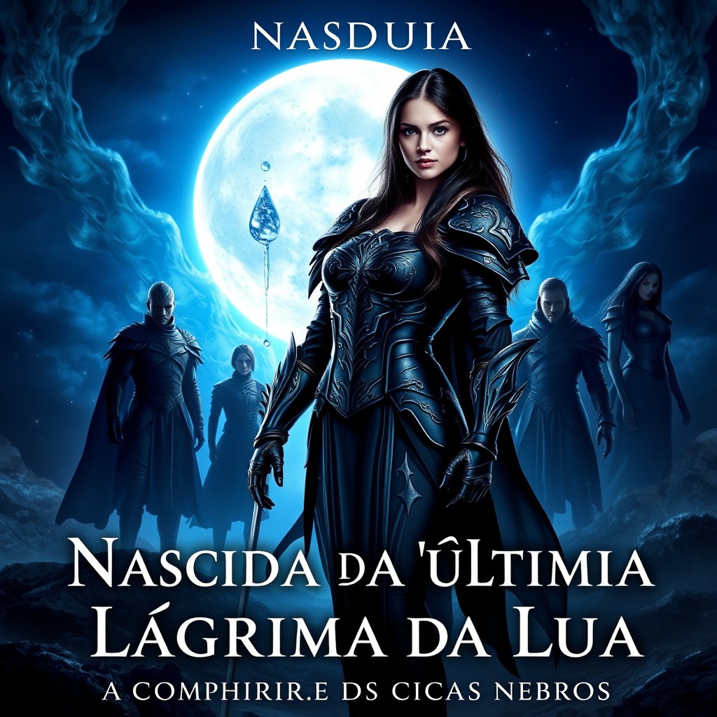 A fantastical book cover for a novel titled 'Nascida da Última Lágrima da Lua - A Companheira dos Cinco Alfas Negros'