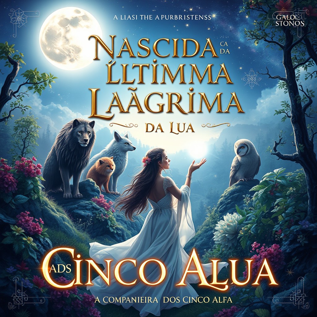 A captivating book cover illustration for 'Nascida da Última Lágrima da Lua - A Companheira dos Cinco Alfas', depicting a mystical and enchanting landscape