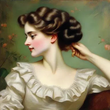 The artist skillfully depicted a Victorian lady brushing pomatum through her hair in the oil painting.