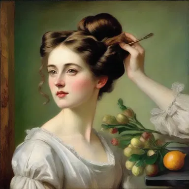 The artist skillfully depicted a Victorian lady brushing pomatum through her hair in the oil painting.