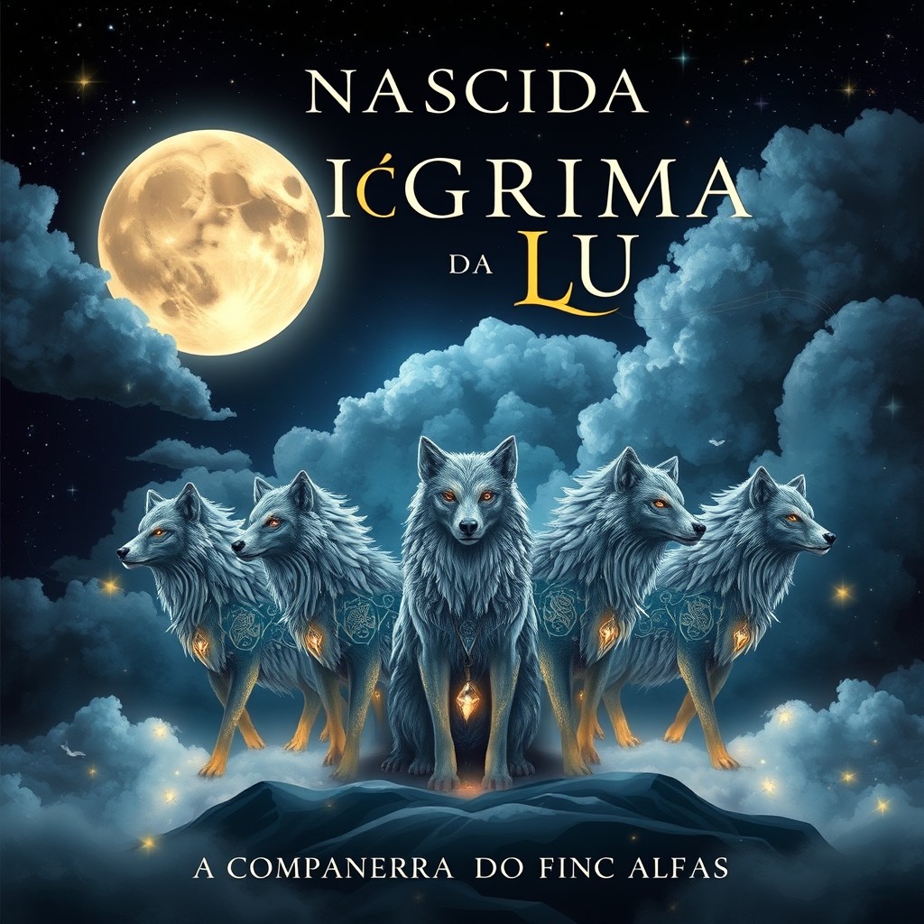 A captivating book cover illustration for the title 'NASCIDA DA ÚLTIMA LÁGRIMA DA LUA - A COMPANHEIRA DOS CINCO ALFAS'