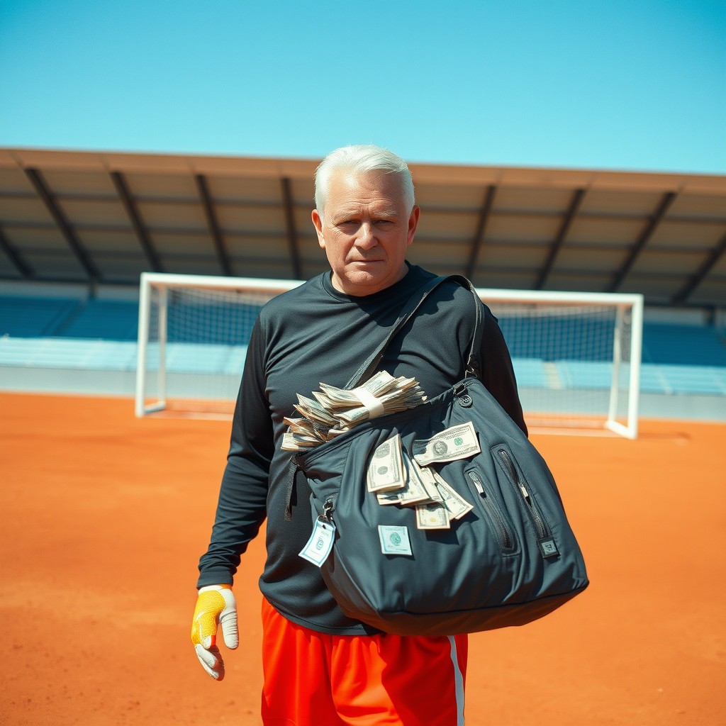 A 50-year-old man with short, slicked-back white hair, standing as a goalkeeper in a large soccer field, facing the viewer