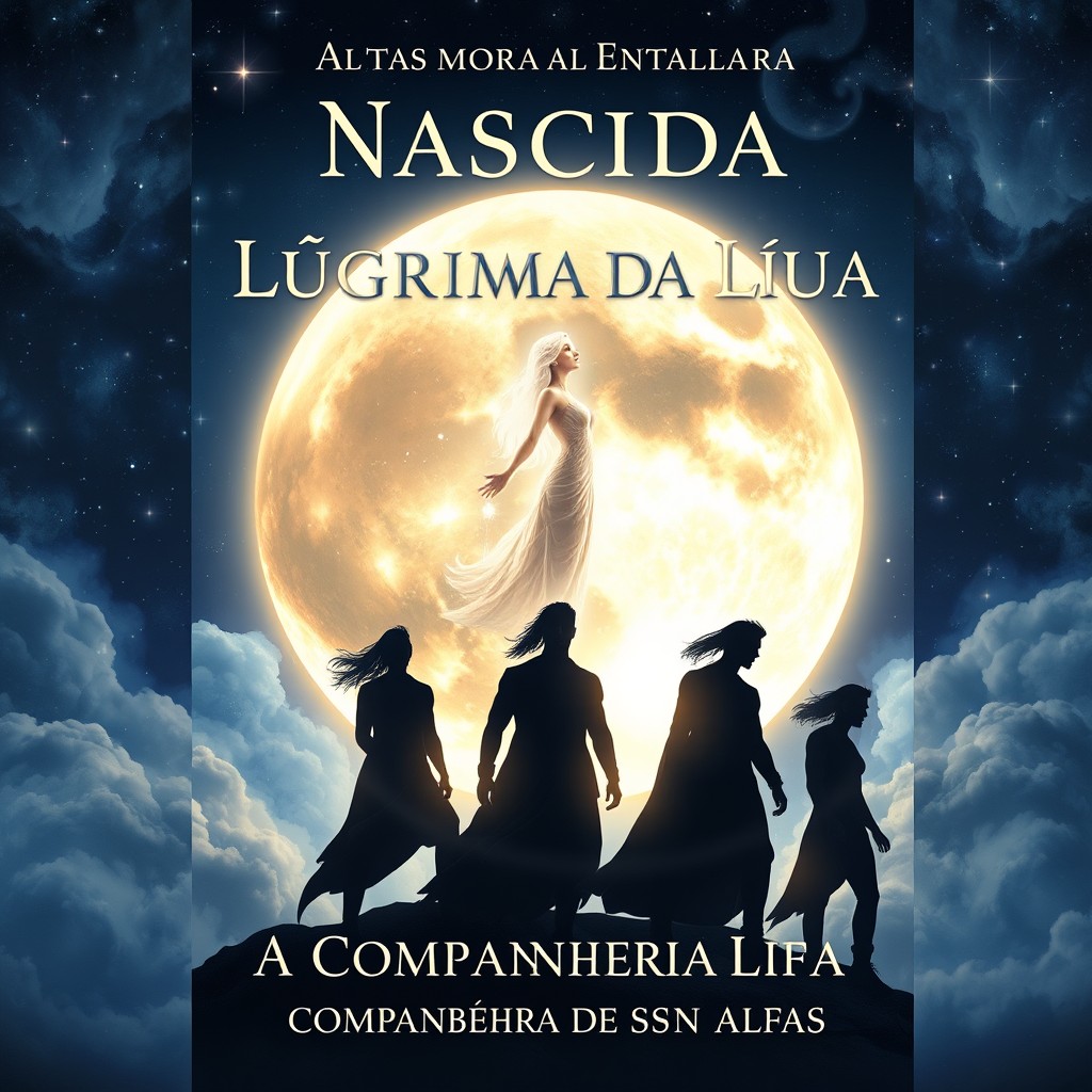 A whimsical, enchanting book cover design for 'NASCIDA DA ÚLTIMA LÁGRIMA DA LUA - A COMPANHEIRA DOS CINCO ALFAS'