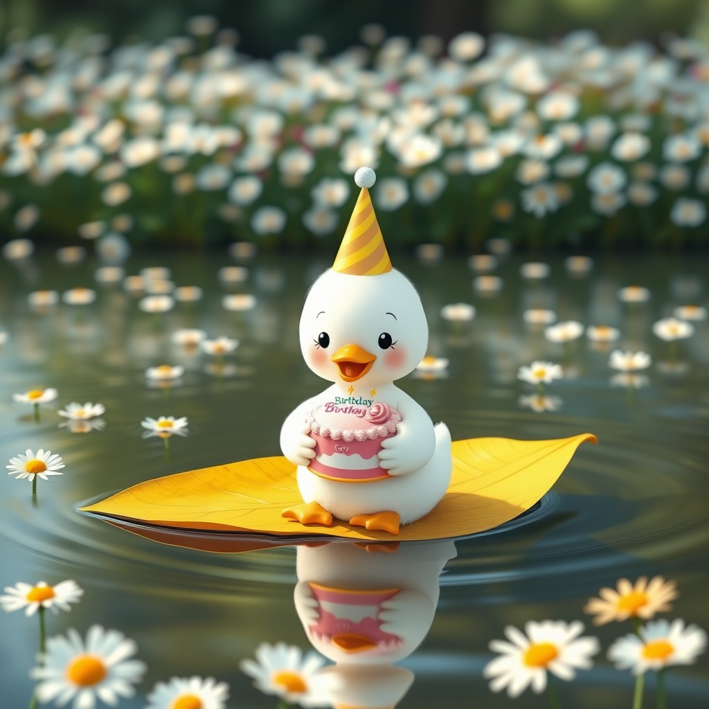 A cute white duck in a Sanrio style, wearing a birthday hat, sitting on a leaf in a serene lake