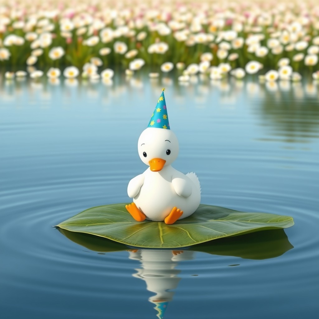 A cute white duck in the charming Sanrio style, sitting on a leaf in a tranquil lake