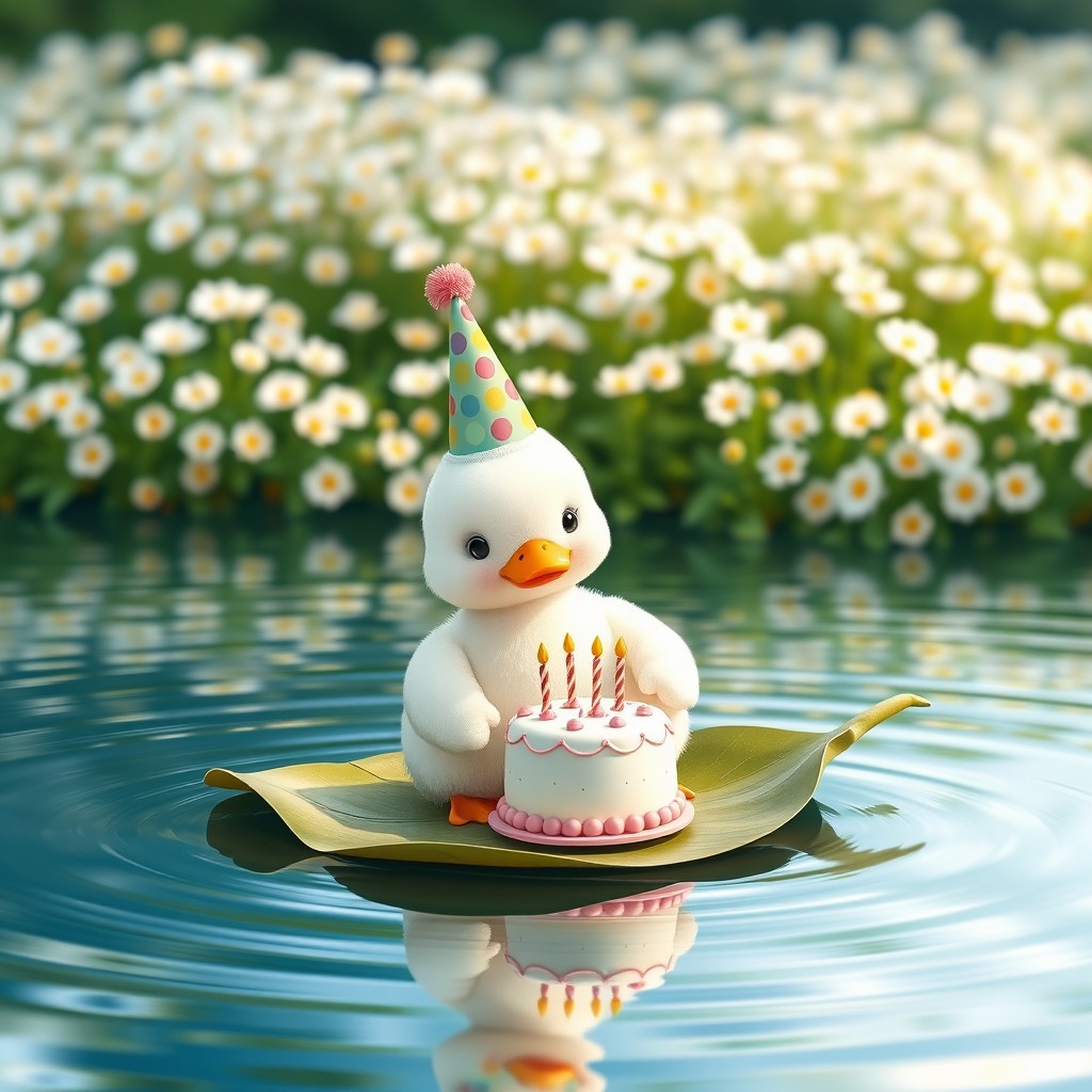 A cute white duck in Sanrio style, sitting on a leaf floating on a serene lake