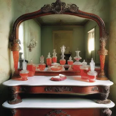 The grand mirror in the Victorian mansion's dressing room reflected the array of pomatum containers on the elegant vanity table.