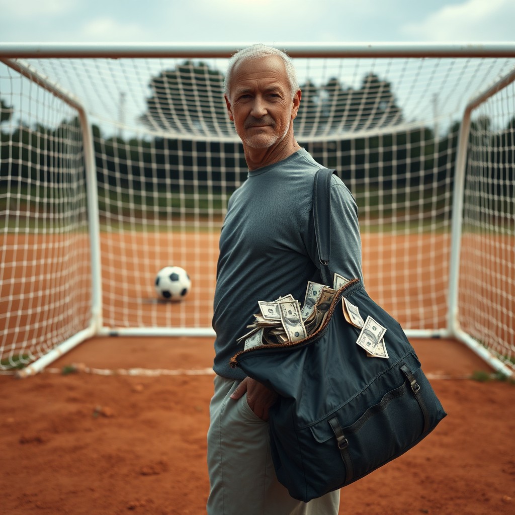 A 50-year-old man with short, cropped white hair stands in a large football field, positioned as the goalkeeper in front of the goal, looking straight ahead