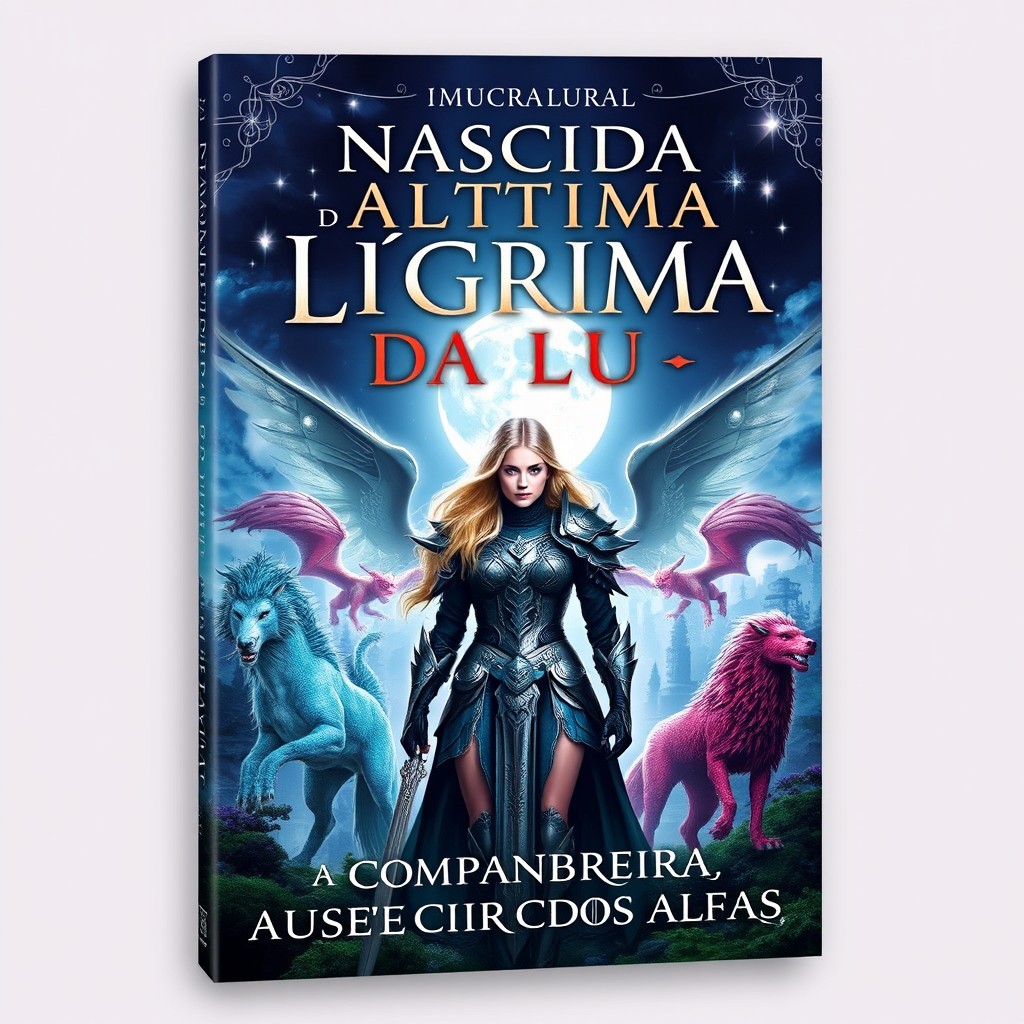 A mesmerizing book cover design for a fantasy novel titled 'NASCIDA DA ÚLTIMA LÁGRIMA DA LUA - A COMPANHEIRA DOS CINCO ALFAS'