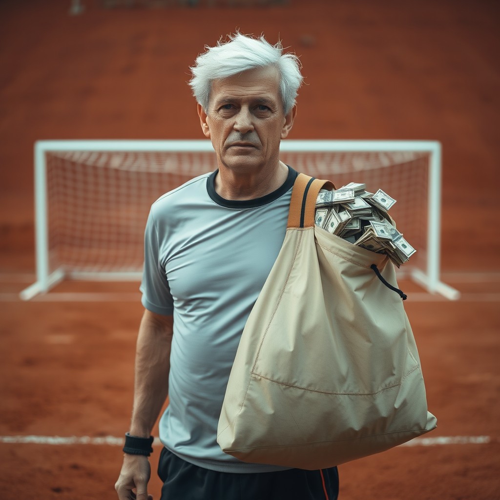A 50-year-old man with short, layered white hair stands in a large football field as a goalkeeper, looking straight ahead
