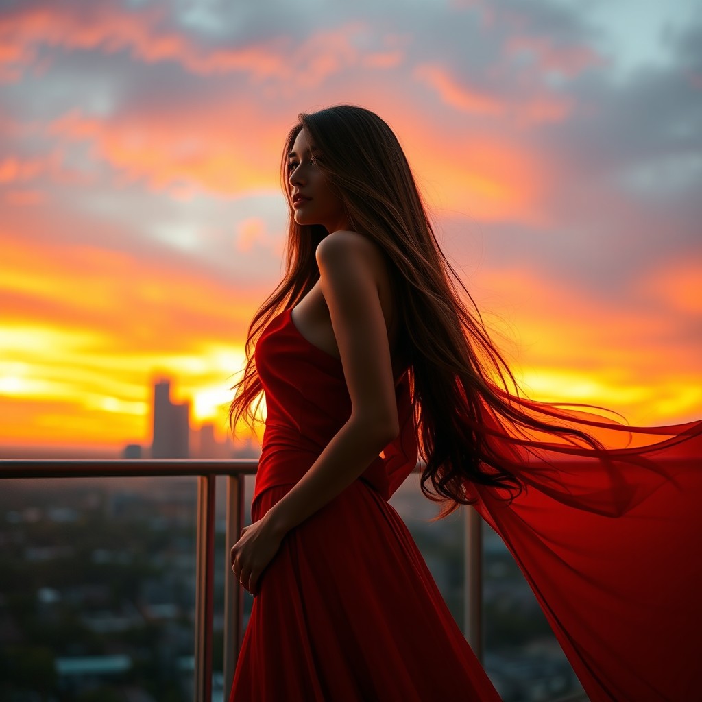 A beautiful woman with long flowing hair, dressed in an elegant red gown, standing on a balcony overlooking a vibrant sunset