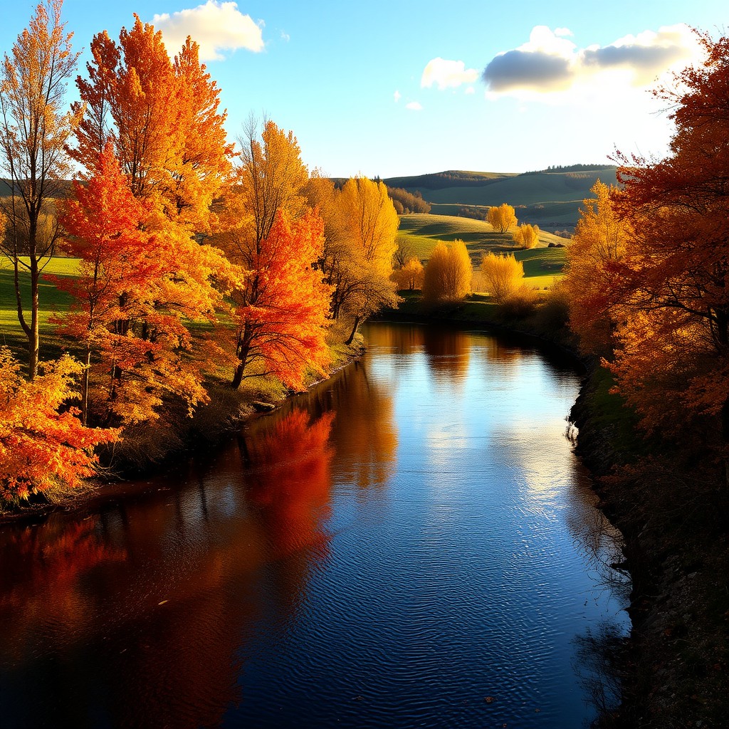 A serene autumn landscape featuring a winding river reflecting the colorful foliage of orange, yellow, and red trees along its banks