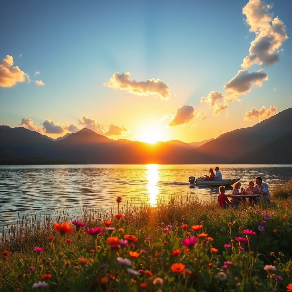 A serene landscape featuring a tranquil lake surrounded by lush green mountains under a clear blue sky, with fluffy white clouds floating above