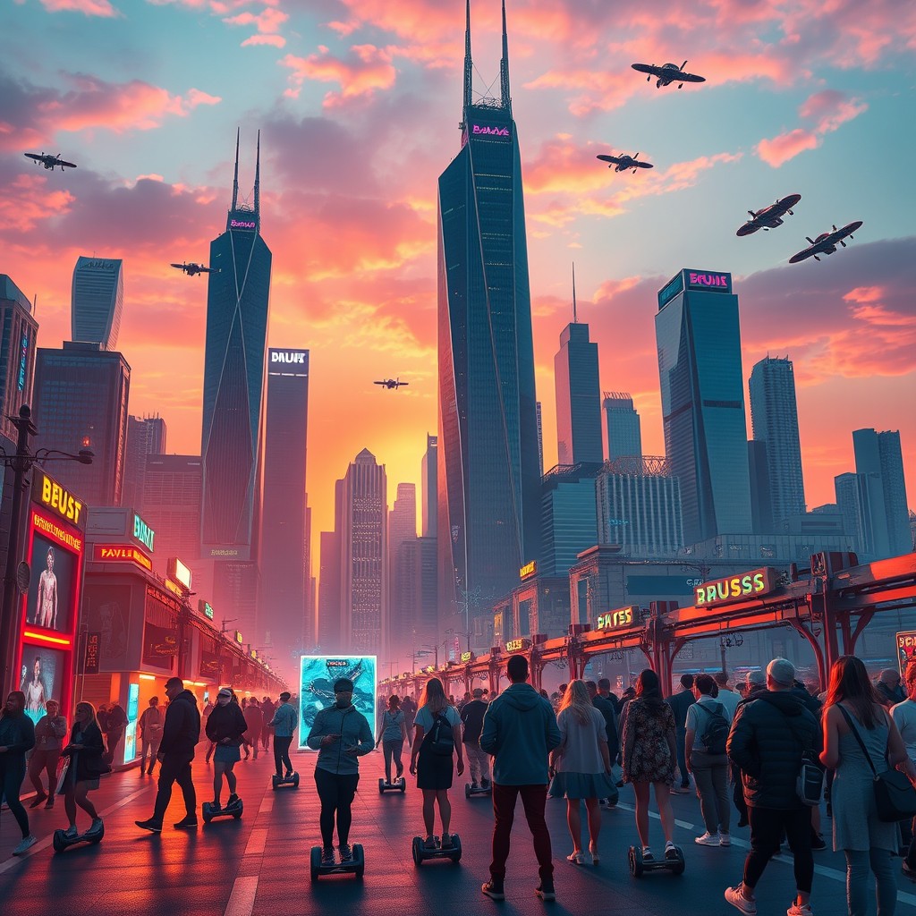 A futuristic city skyline at sunset, featuring towering skyscrapers with bright neon lights in various colors