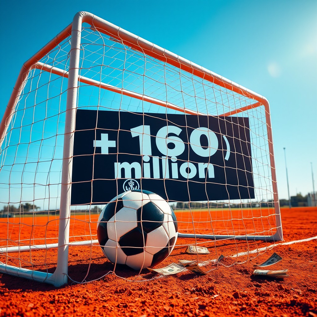 A football goal situated on a red dirt field, with a soccer ball resting inside the net