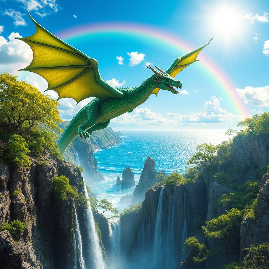 A captivating fantasy landscape with dramatic cliffs overlooking a sparkling ocean, lush green trees swaying in the wind against a bright blue sky