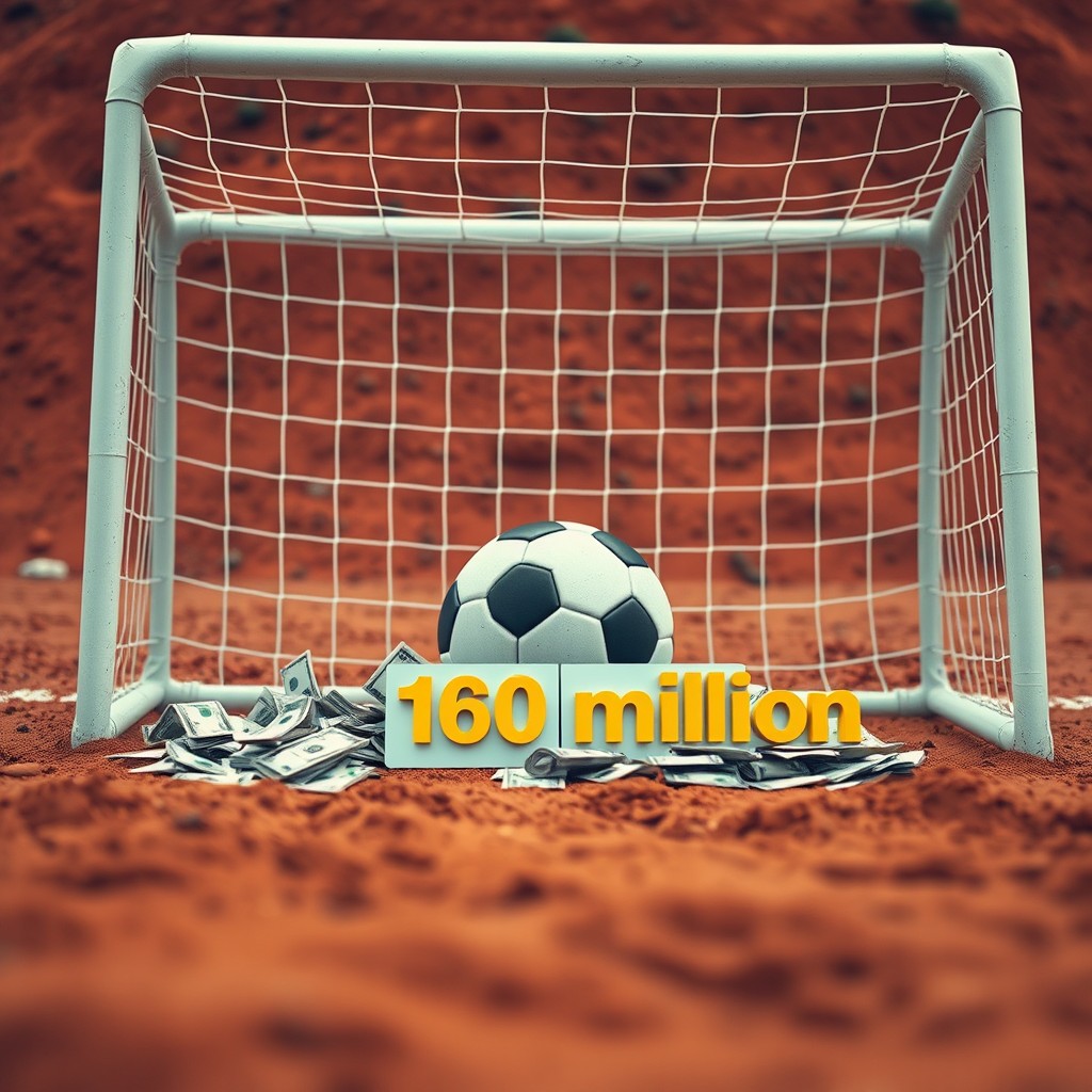 A soccer goal set against a background of red dirt terrain, with a soccer ball positioned inside the goal