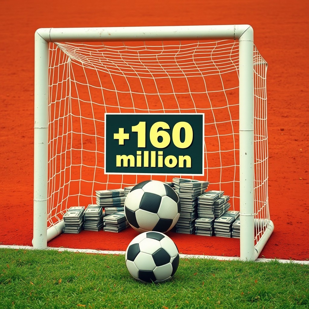 A large soccer goal situated on a red dirt field, with a soccer ball placed inside the goal