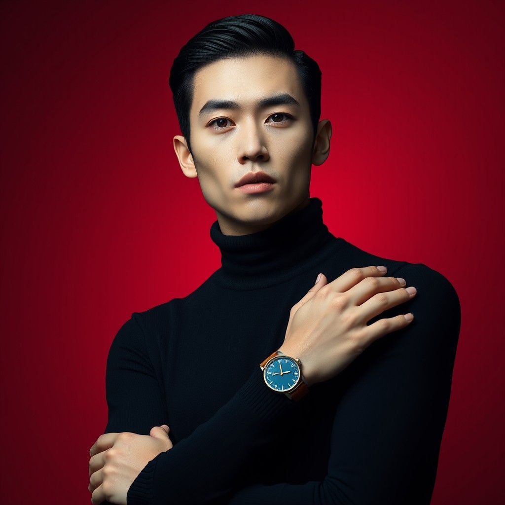 A highly stylized portrait of an individual with sharp features, flawless fair skin, and sleek black hair, wearing a black turtleneck sweater