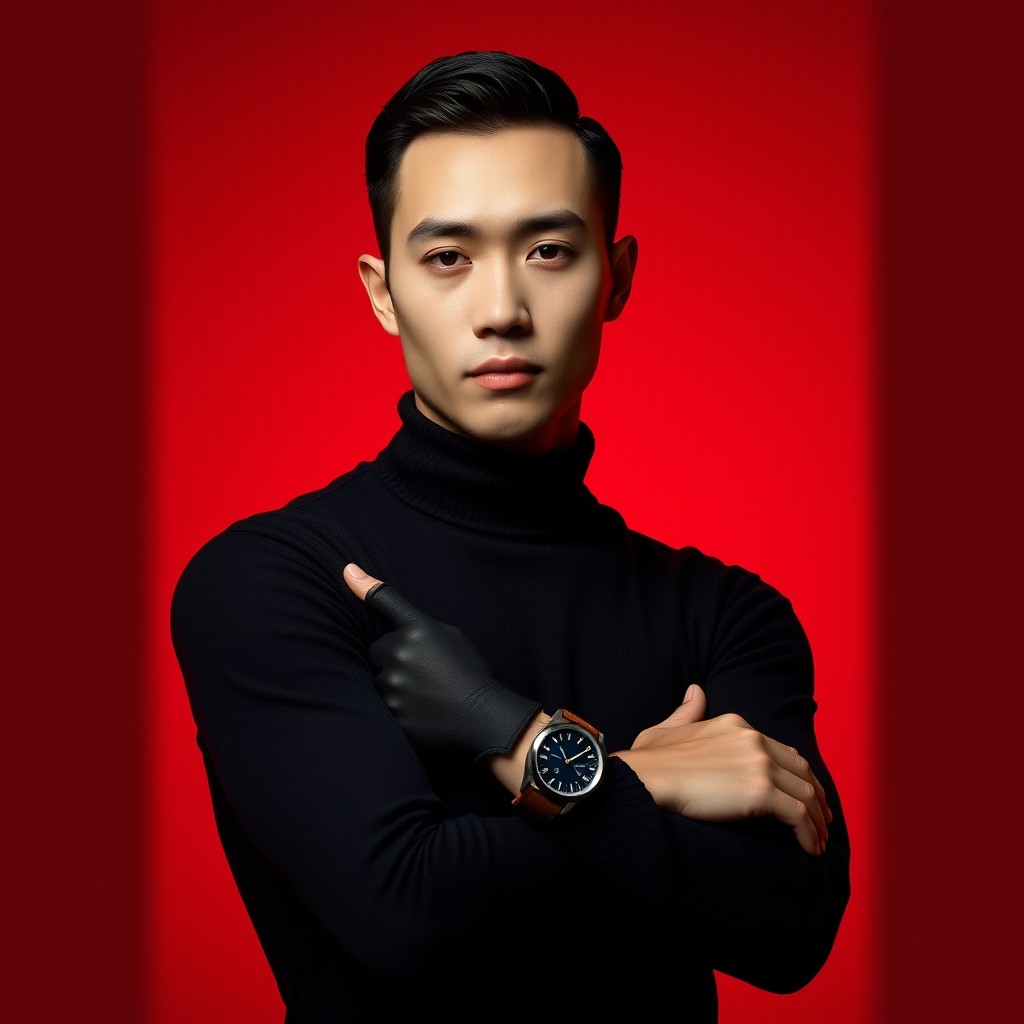 A highly stylized portrait of a confident individual with sharp features, flawless fair skin, and sleek black hair