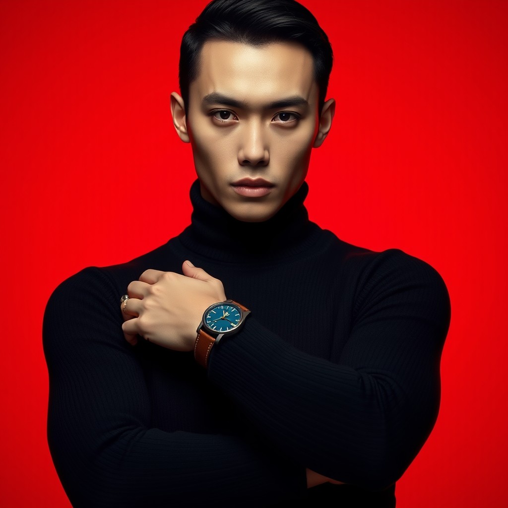 A highly stylized portrait of a person with sharp features, flawless fair skin, and sleek black hair, wearing a black turtleneck sweater