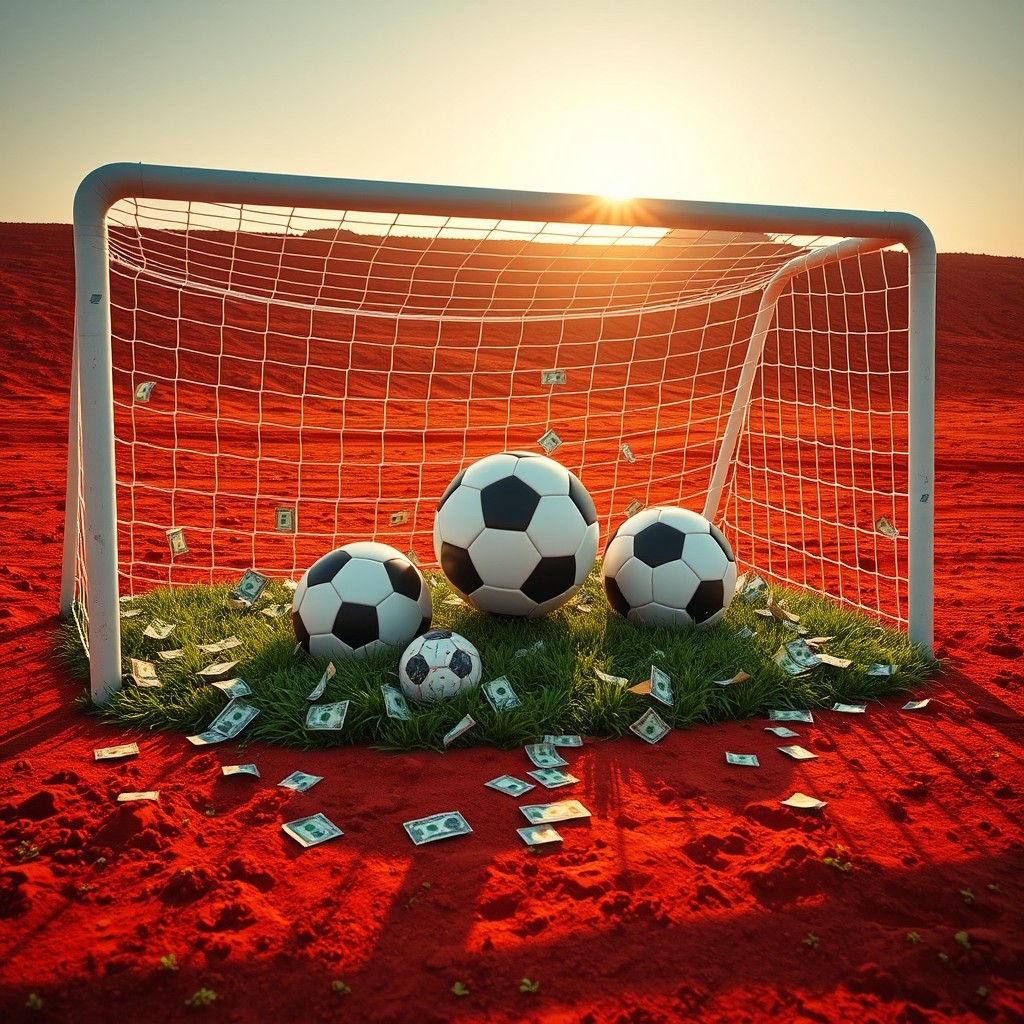 A large soccer goal on a red dirt field, with three soccer balls inside the goal