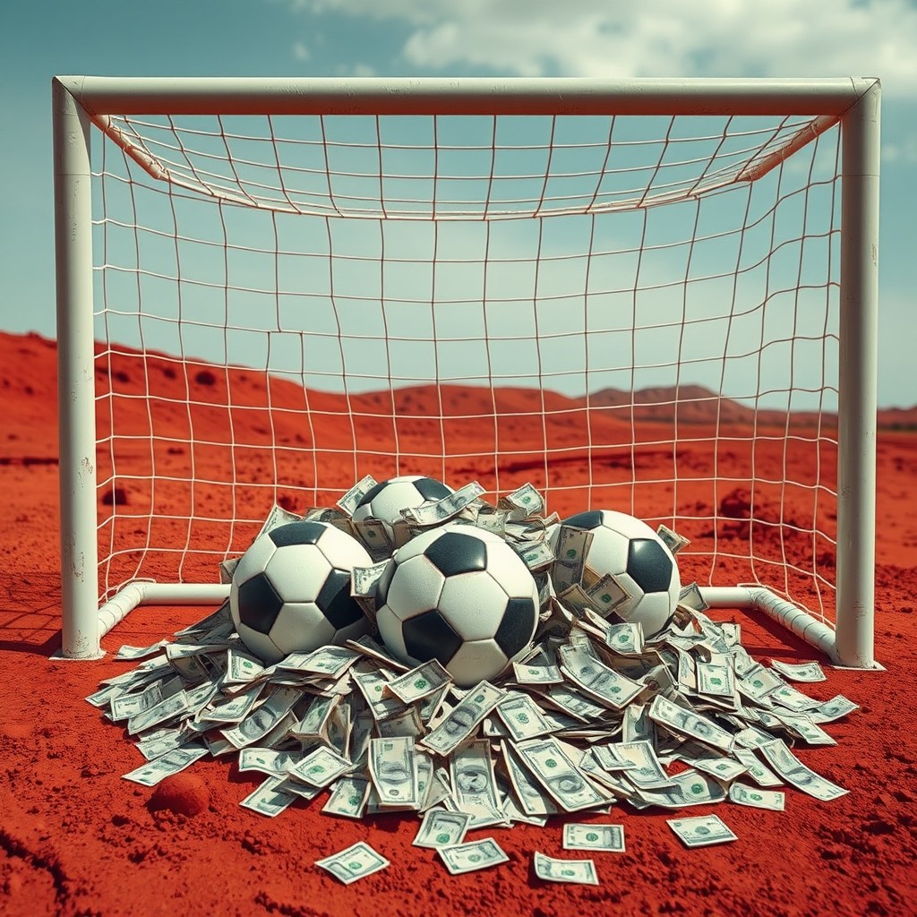 A large football goal set against a backdrop of red dirt terrain