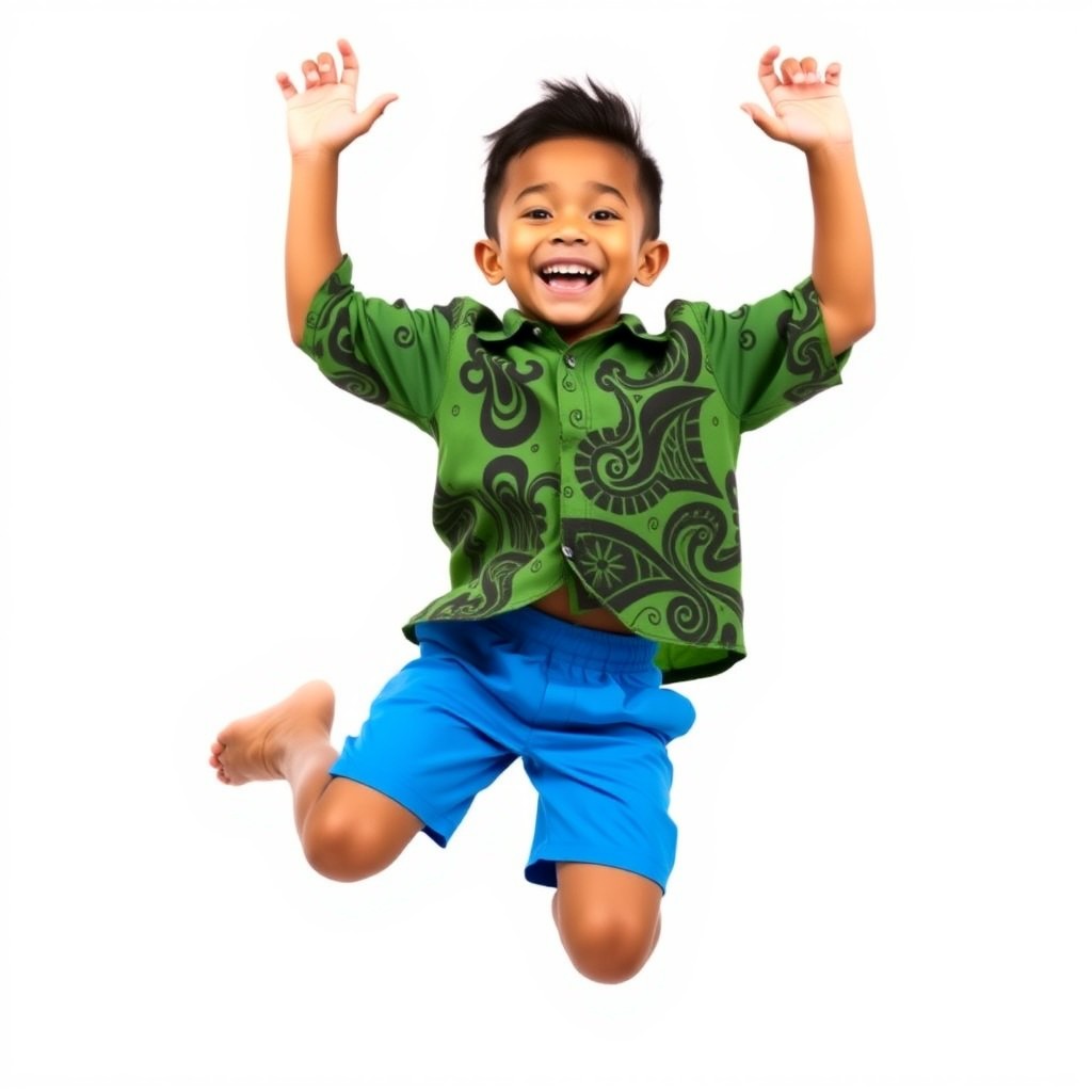 A joyful Māori boy jumping into the air with legs bent and arms raised high, wearing vibrant blue shorts and a green shirt adorned with intricate Māori designs in black