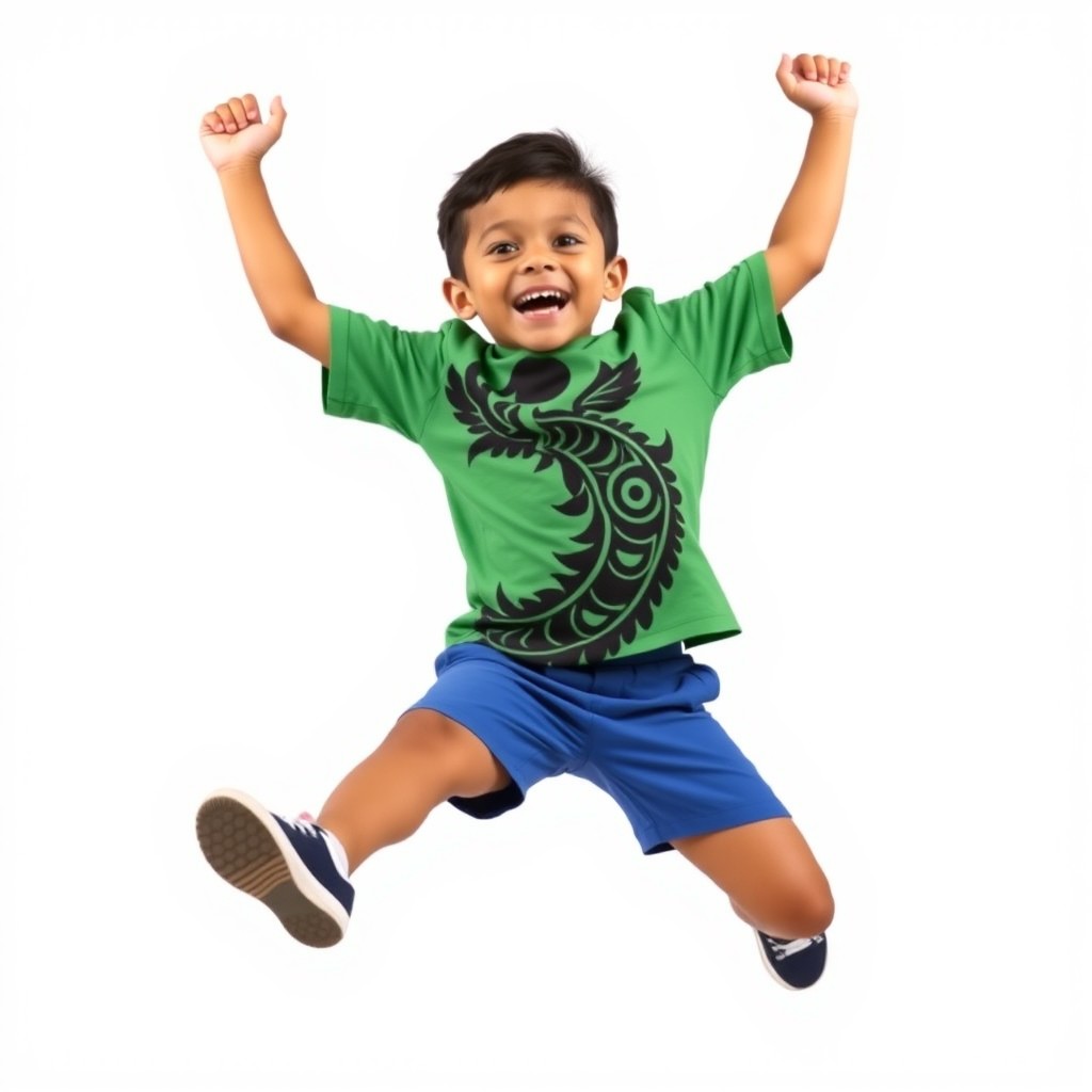 A joyful Māori boy jumping in the air with his legs bent and arms raised high, wearing blue shorts and a green shirt featuring a bold Māori design in black