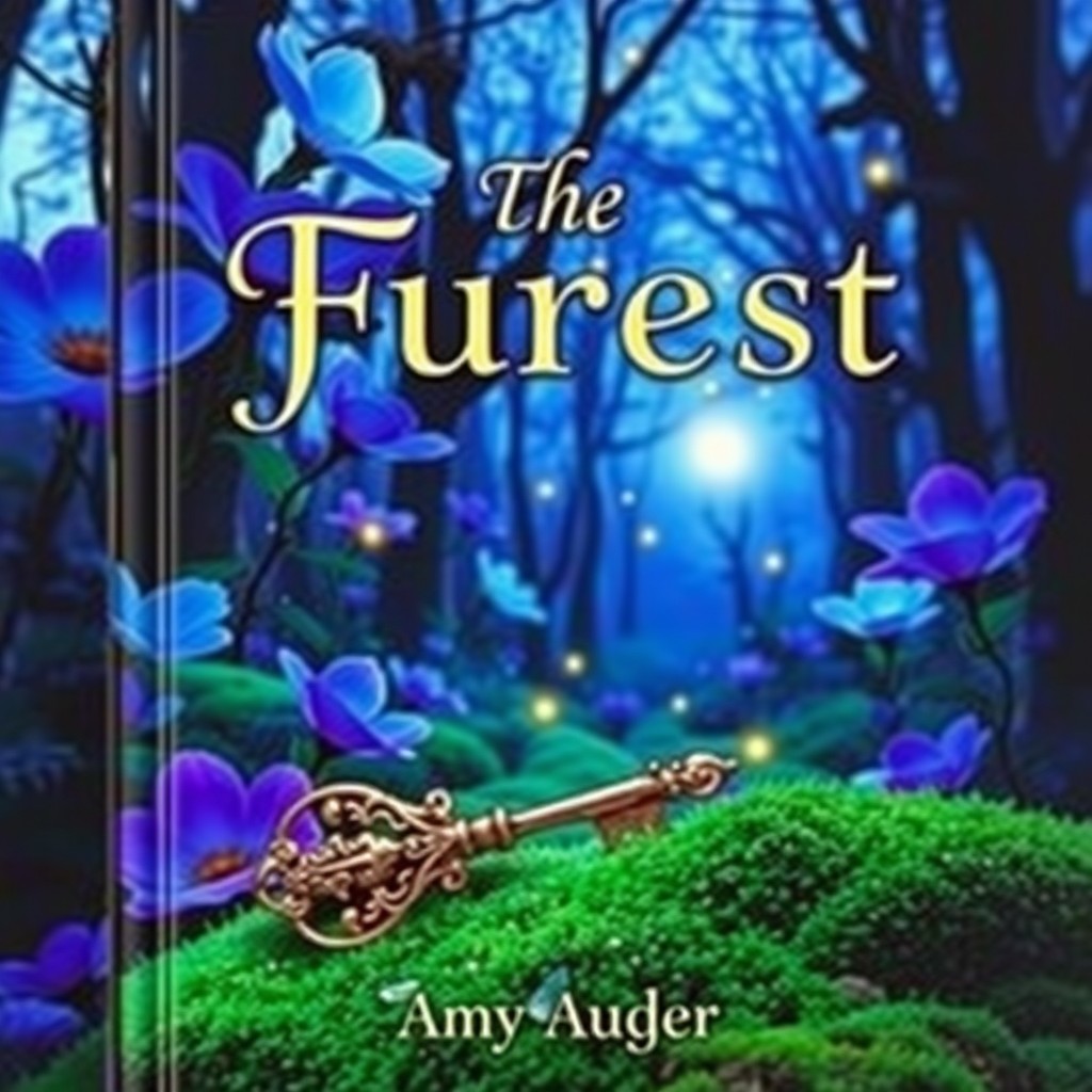 A captivating book cover featuring a mysterious and enchanting forest at twilight