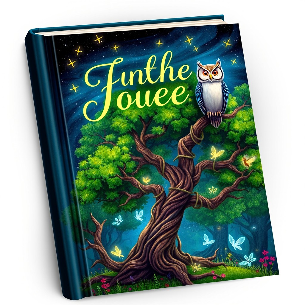A captivating and vibrant book cover design depicting a mystical forest landscape under a starry sky, with lush green trees and glowing magical creatures, including fairies and luminous insects